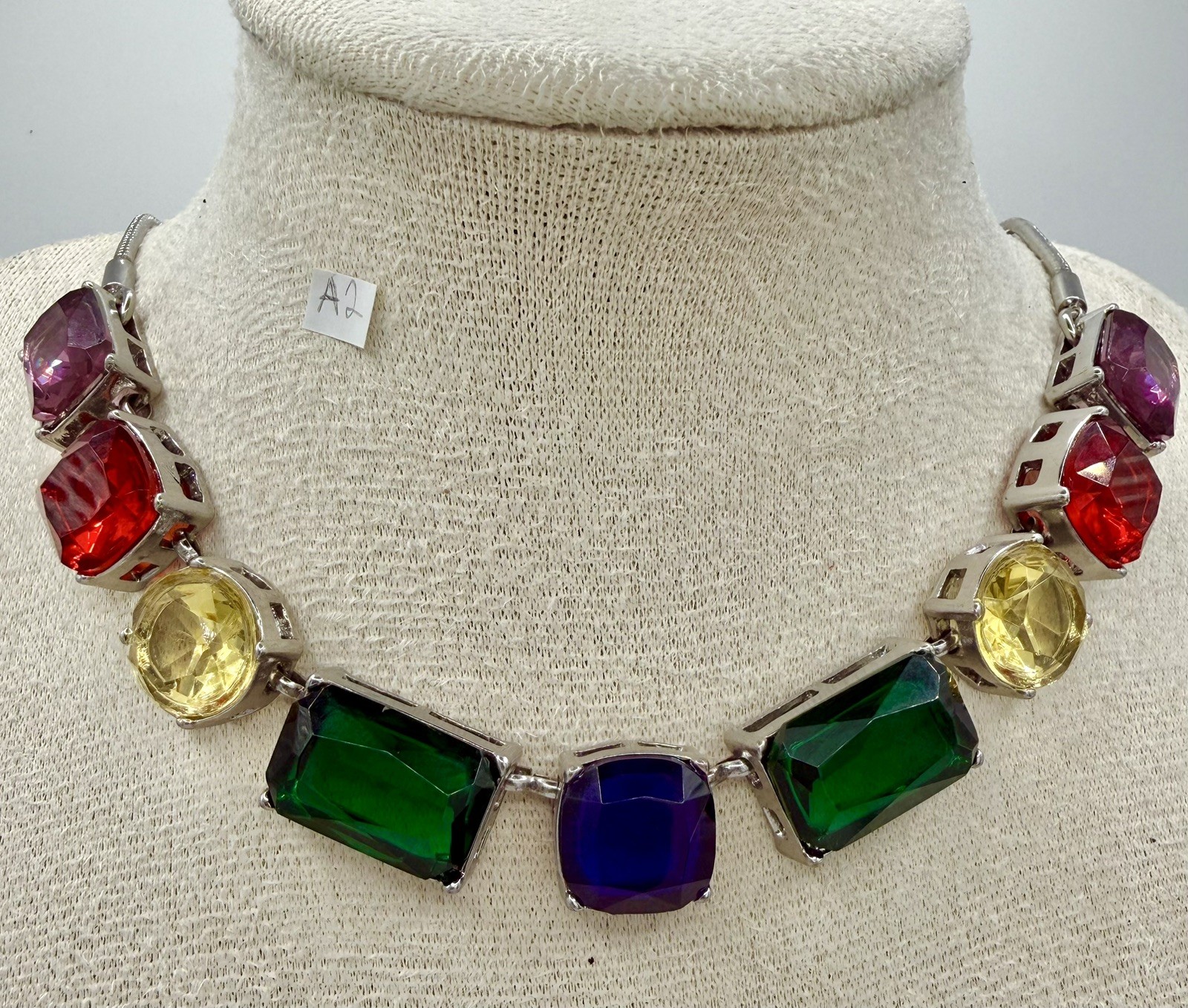 Nine West Jewel Tone Glass Statement Collar Necklace Silver Tone Geometric