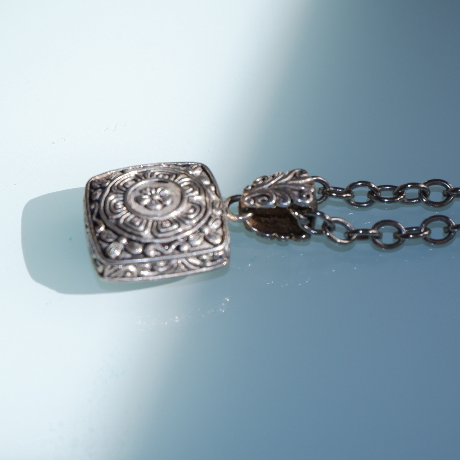 Barse Thailand Red Garnet Cabochon Pendant Silver Filigree Necklace