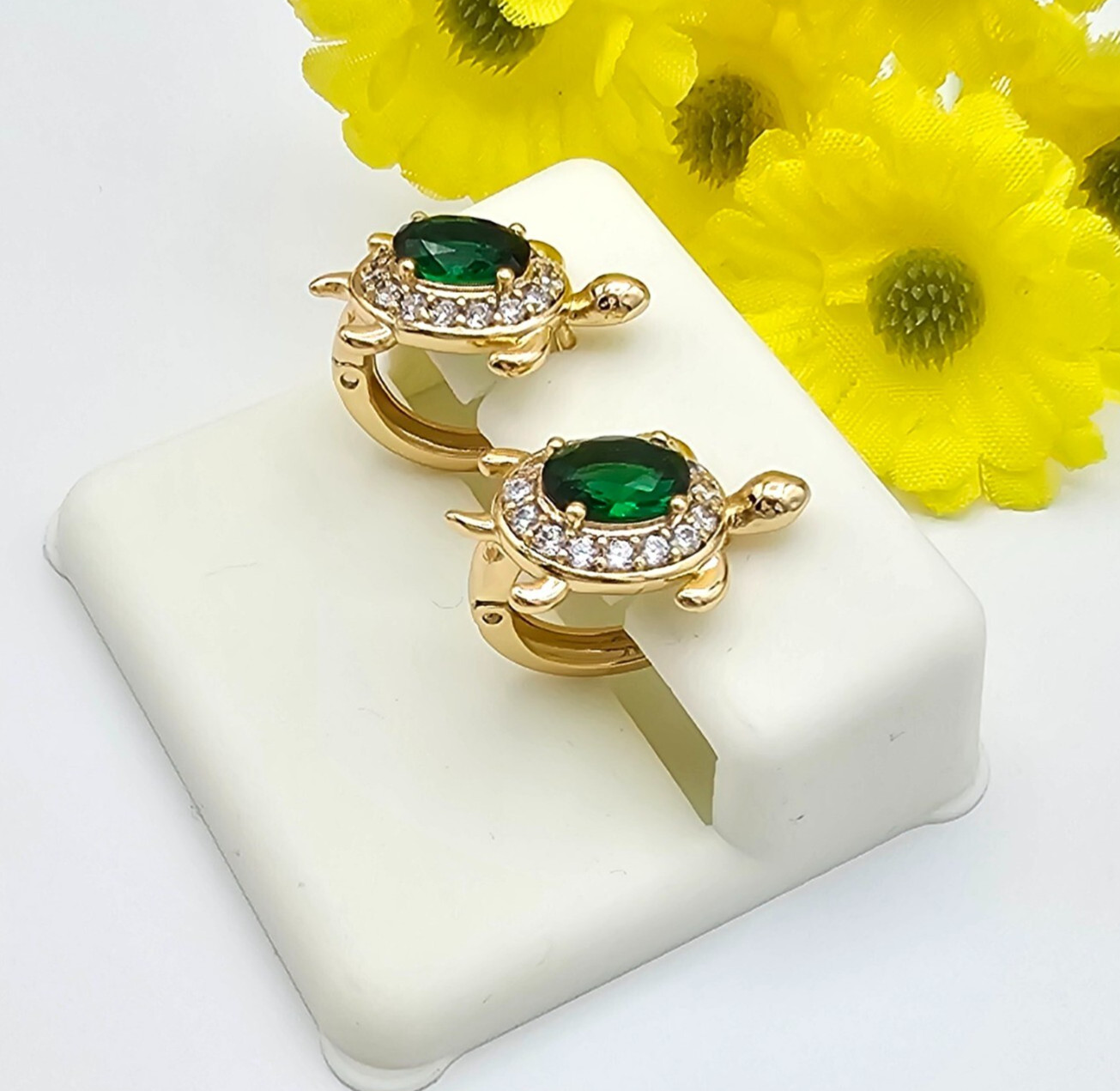 18K Gold Plated Women Green Crystals Turtle Earrings. Small Hoop. Huggies.