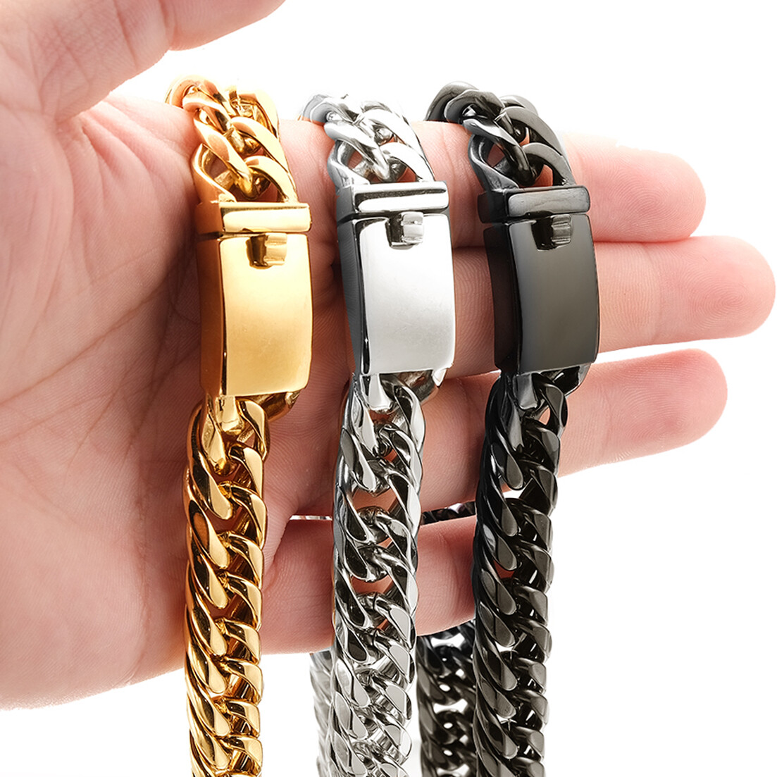 13/16mm Heavy Polished Gold Black Silver Stainless Steel Curb Chain Necklace Hot