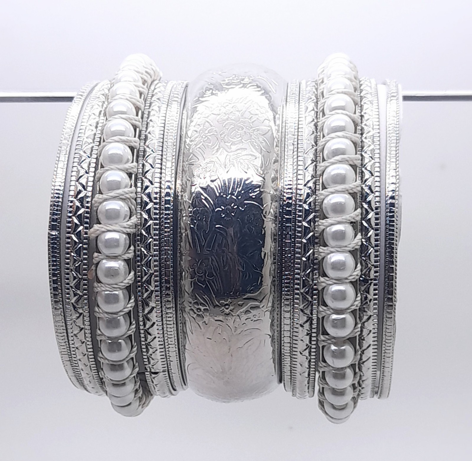 wide style Set of 11 Fashion white & silver Tone multi Layered Bangle Bracelets