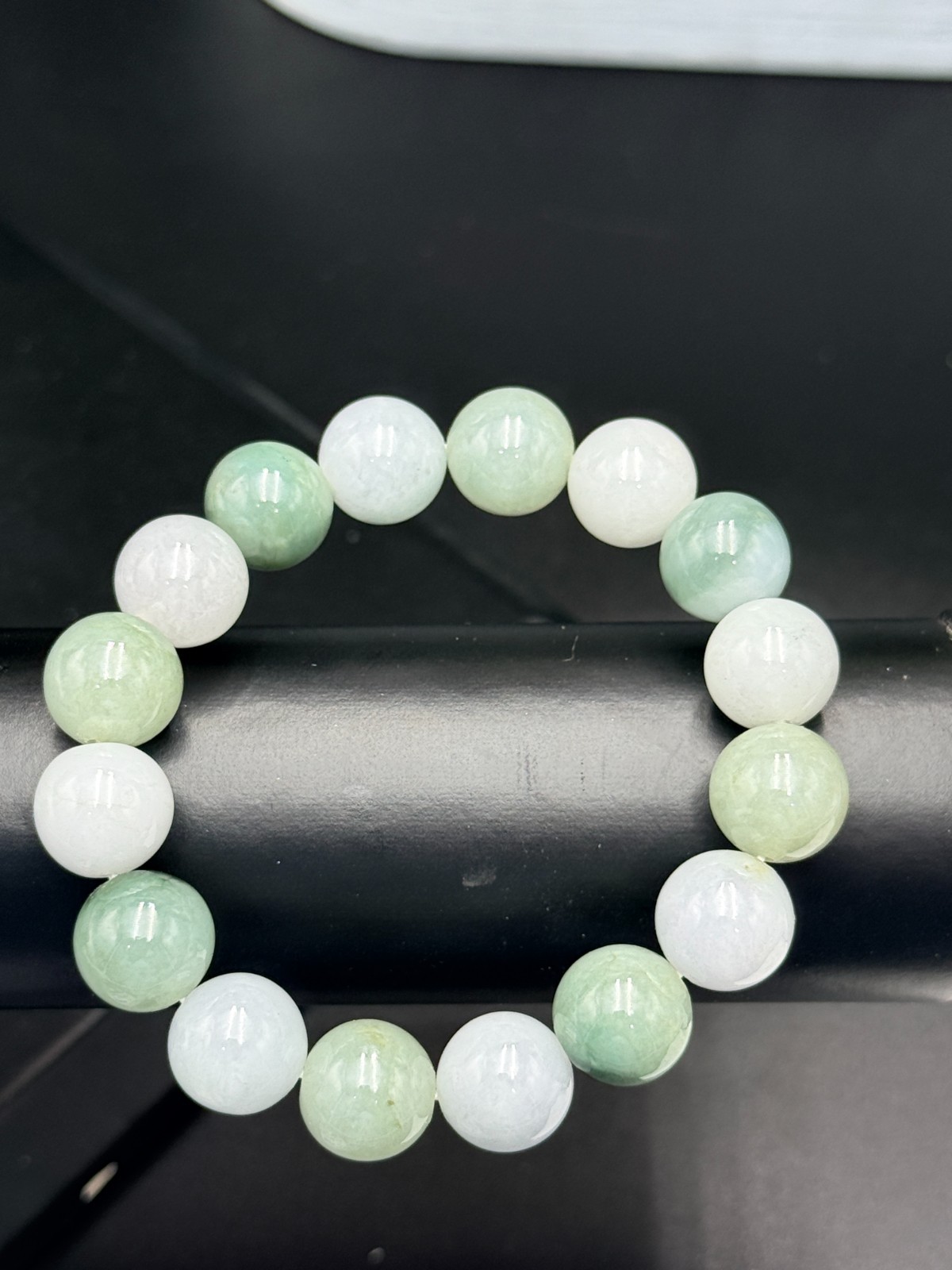Certified Natural Jadeite Jade Beaded Bracelet Green White 13.2 mm #100205