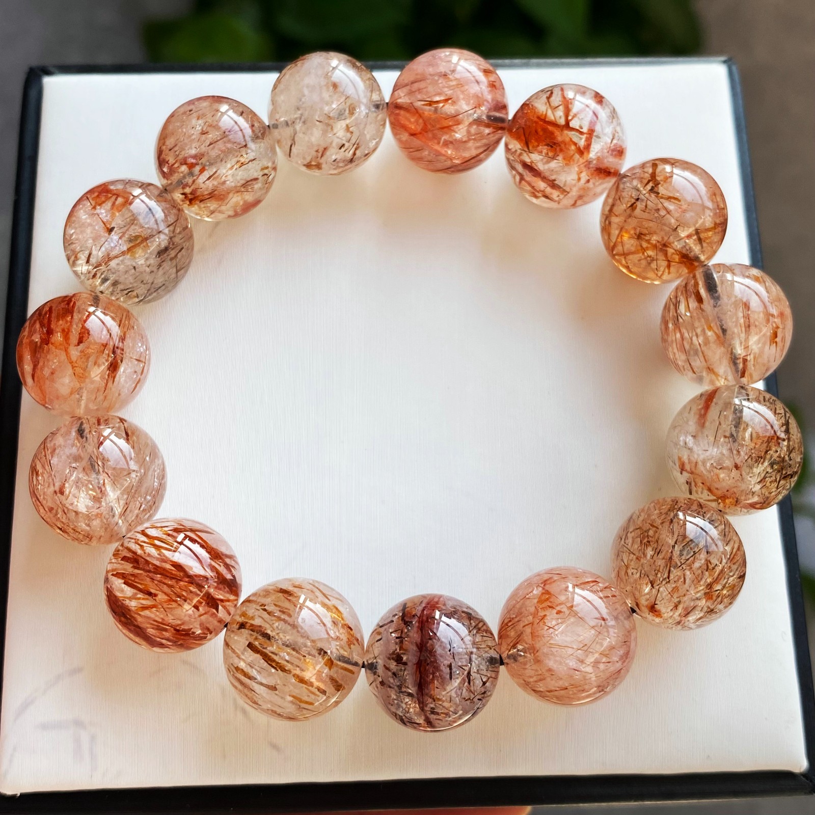 15.2mm Natural Black Gold Rutilated Super 7 Quartz Crystal Beads Bracelet 2579