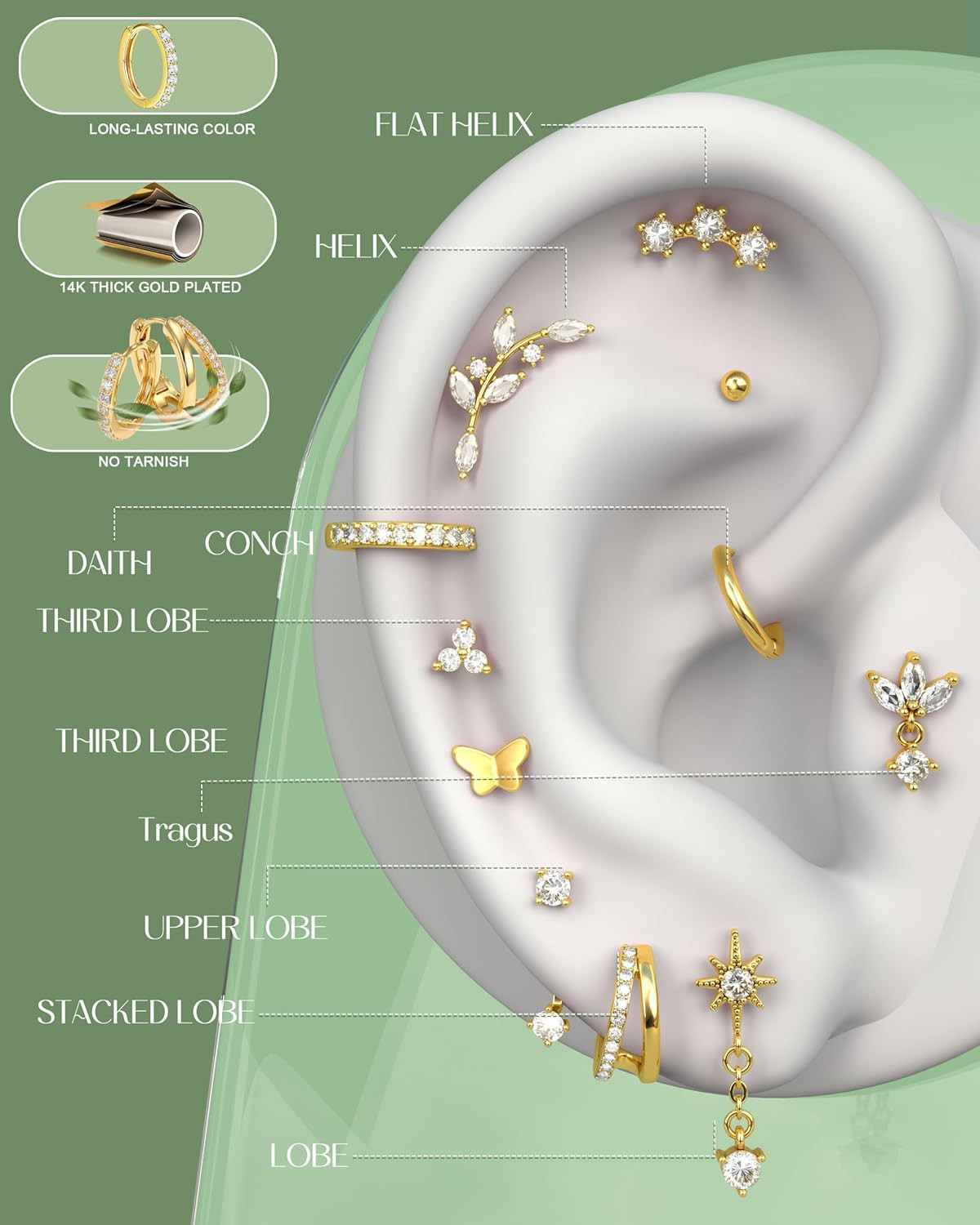 20/18/16G Cartilage Earrings for Women Flat Back Earring Stacks Hypoallergenic S