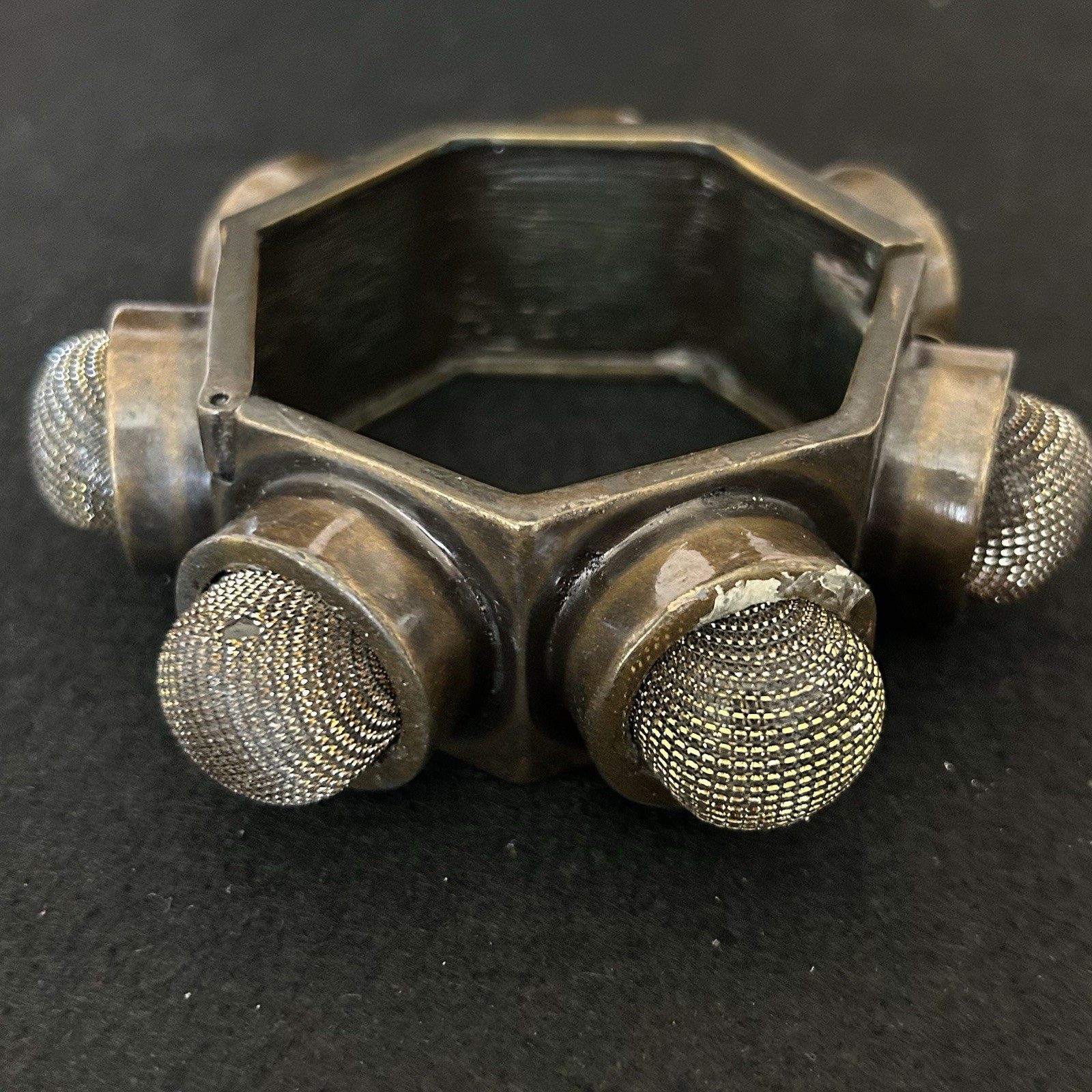 Vintage Industrial Punk Bracelet Gunmetal Mesh Stud Hinged Bangle Grunge Mic