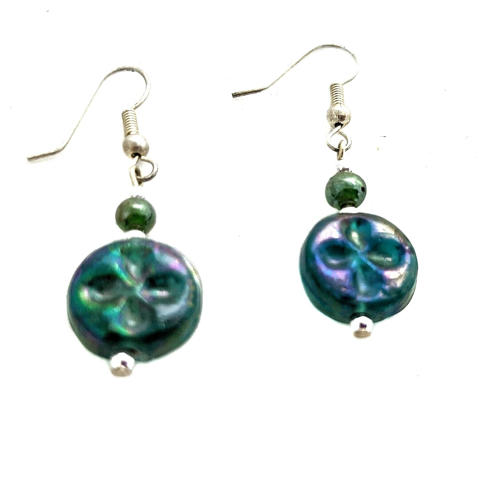 Blue Carnival Art Glass Earrings Small Flat Round Pierced Dangle Hooks