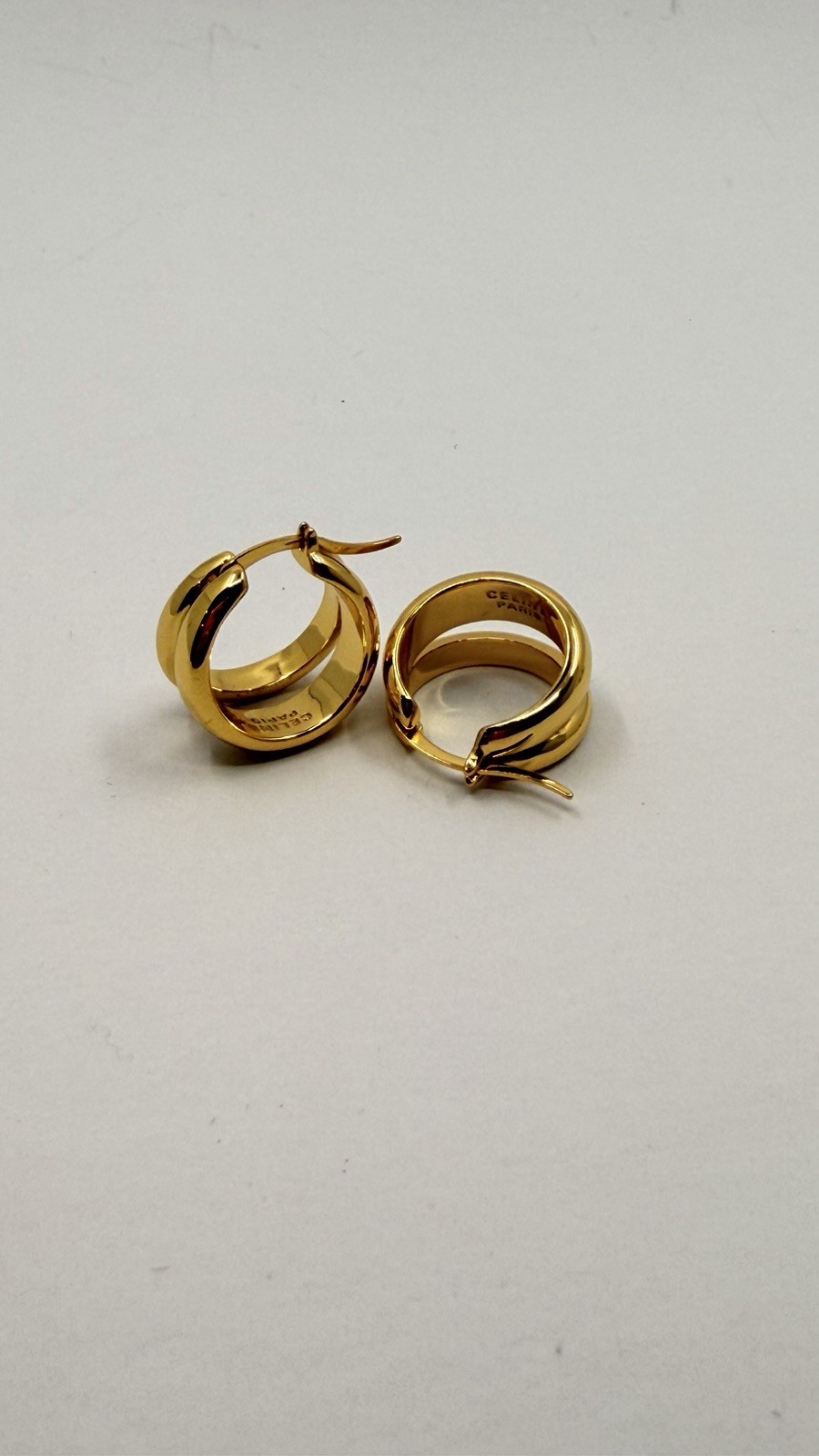Celine Paris Gold Tone Hoop Earrings Shiny Huggie Style Pair Pre-Owned
