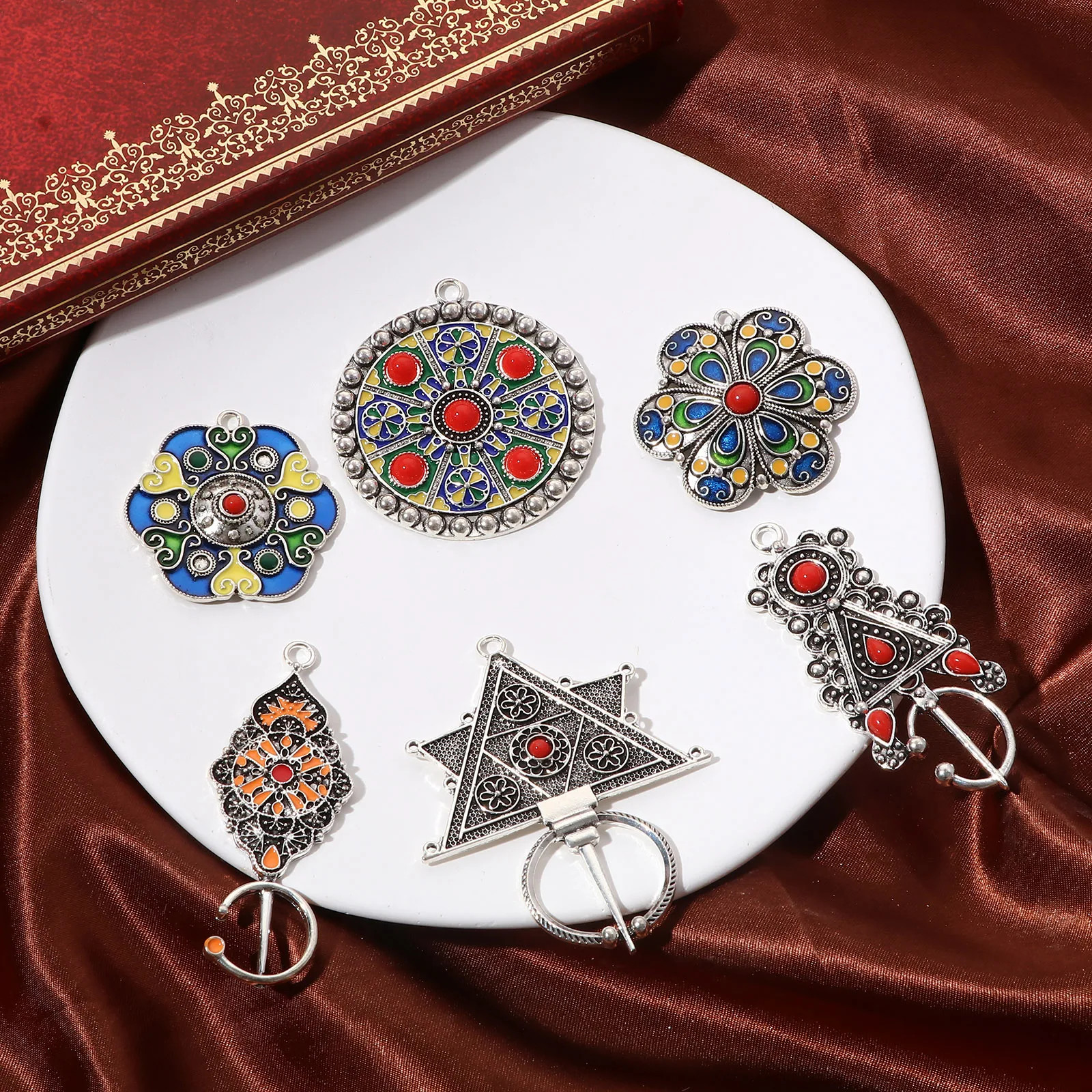 2PCs Bohemian Ethnic Pendants Antique Color Multicolor Enamel Flower Roun