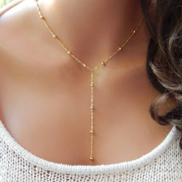 Dainty Silver Gold Choker Lariat Necklace Bead Station Y Drop Chain Simple New