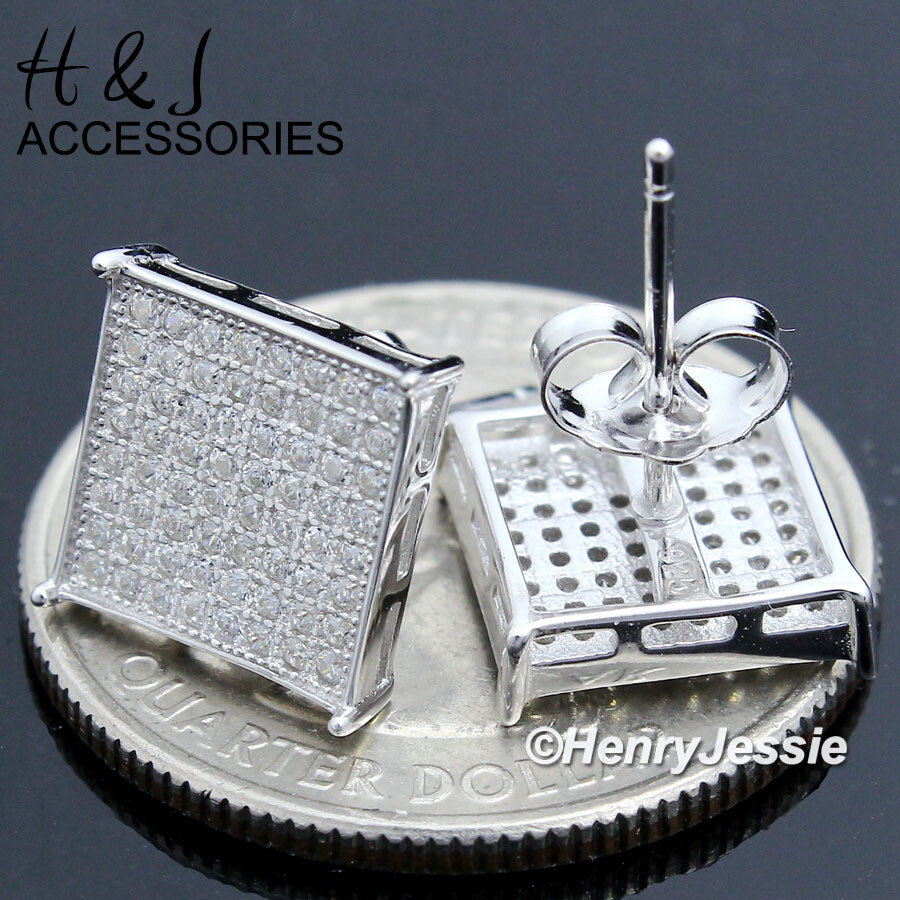 MEN 925 STERLING SILVER 10MM ICY BLING CZ SQUARE SILVER STUD EARRING*AE29