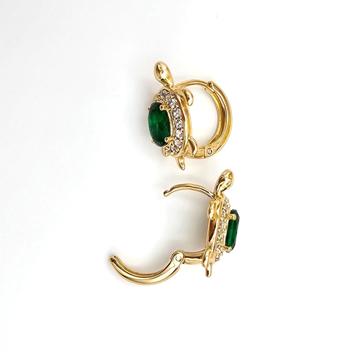18K Gold Plated Women Green Crystals Turtle Earrings. Small Hoop. Huggies.