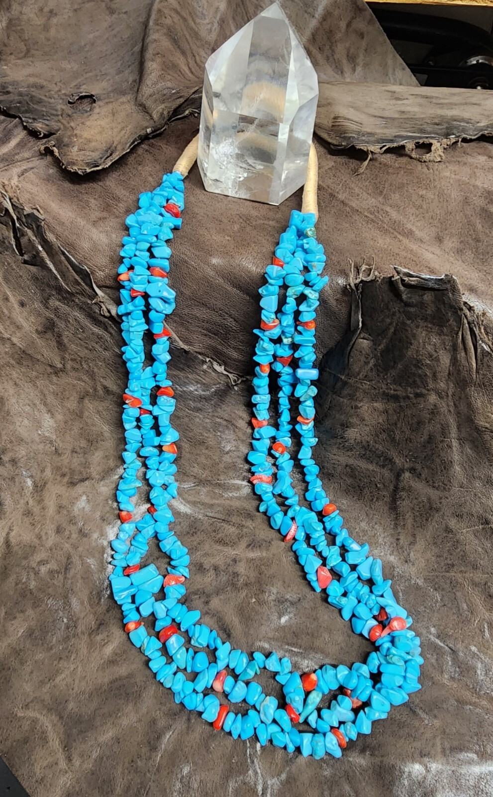 Necklace (N72) Navajo – Turquoise w/ Coral 3-Strand Nuggets