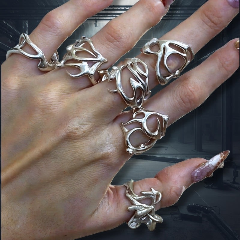 Phantom Ring Set (6 Pieces) Gothic Rave Punk Silver Ring Set Y2K