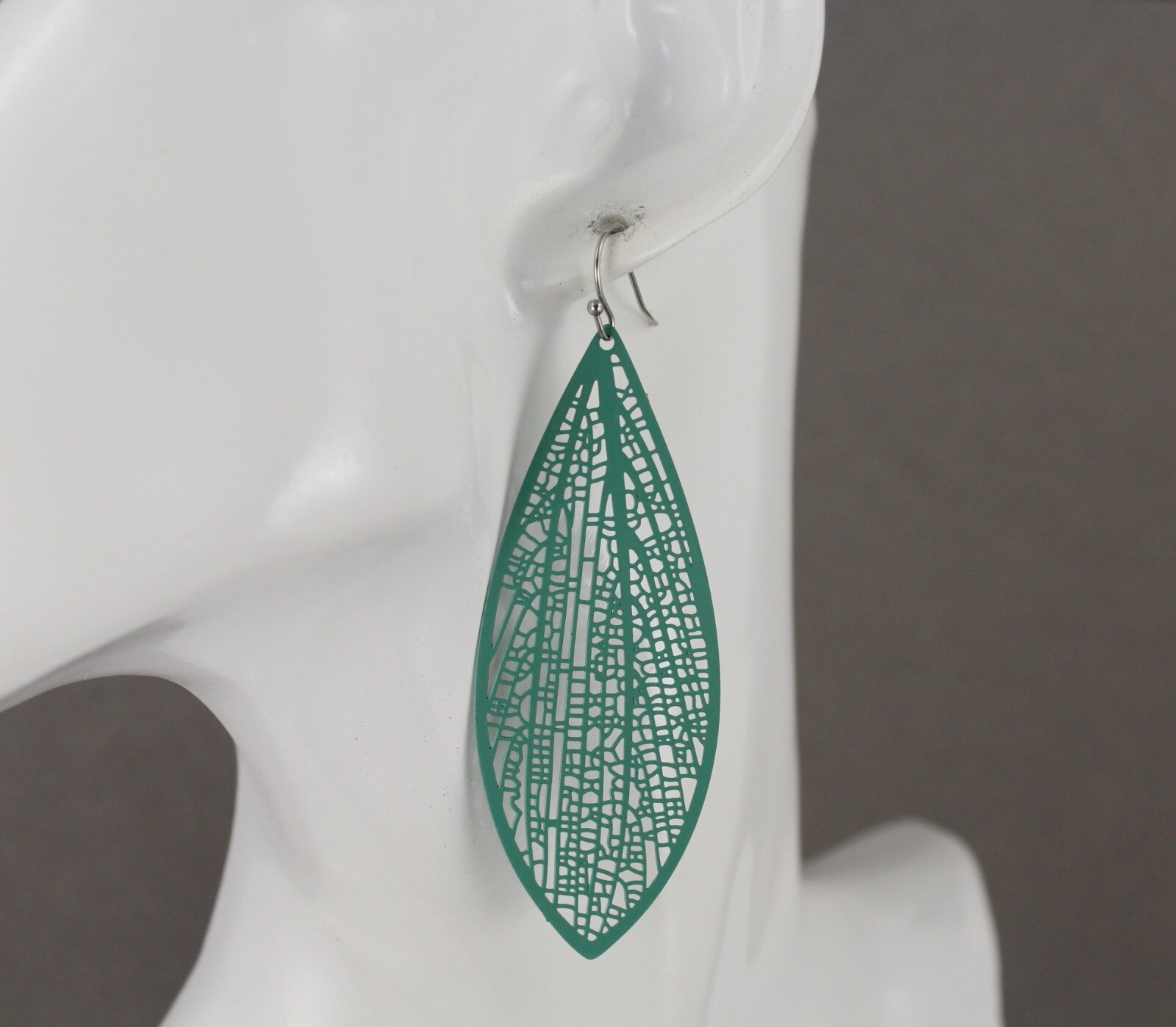 Teal Green earrings teardrop dangle VERY lightweight filigree 3″ long oval leaf