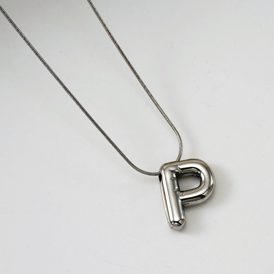 Silver Tone Bubble Initial Letter P 3D Alphabet Pendant Snake Chain Necklace