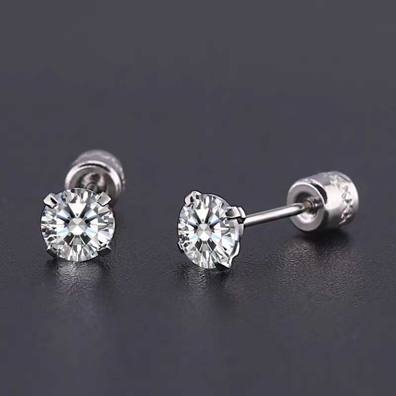 Silver Stud Earrings Surgical Steel Screw Back Cubic Zircon Round For Women Men