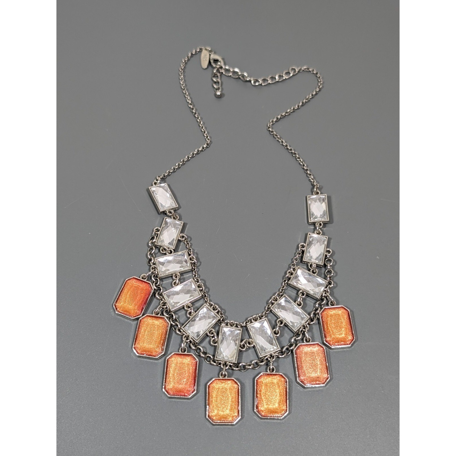 NYC Orange Cabochon Rectangle Charm Statement Necklace Silver Tone 21 in
