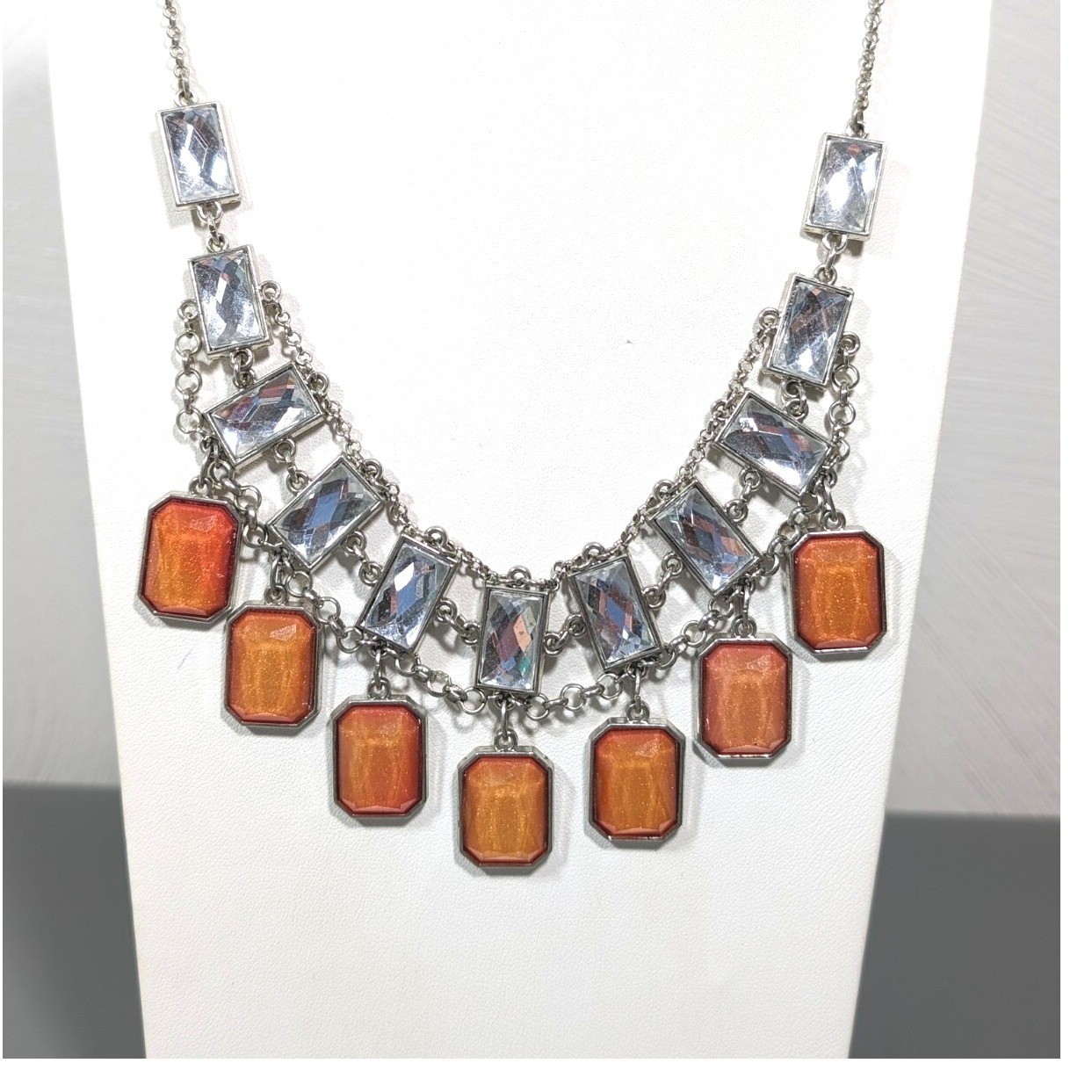 NYC Orange Cabochon Rectangle Charm Statement Necklace Silver Tone 21 in