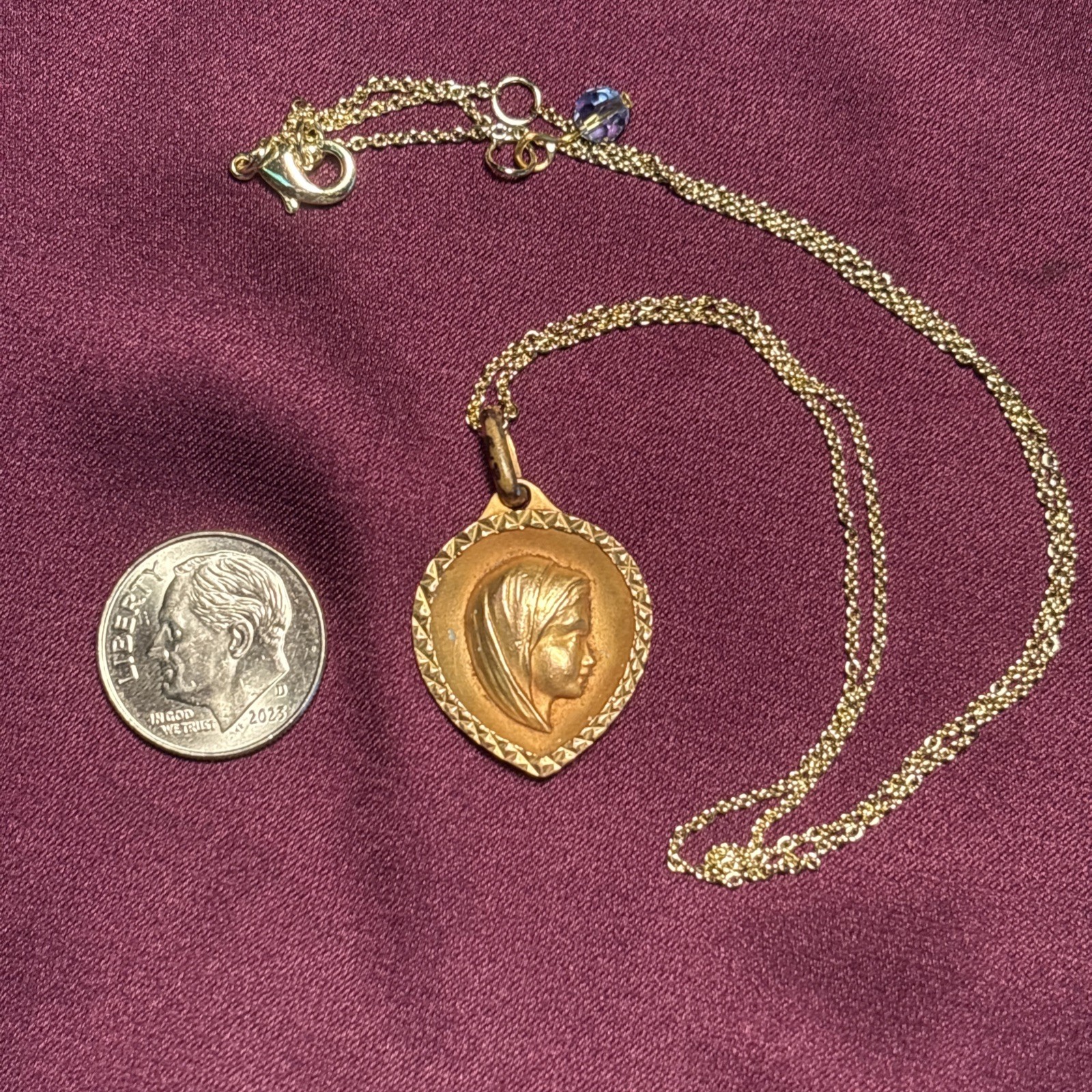 Vintage Tiny Necklace, Gold Tone Charm, Blue Enamel French Crystal Religious Art