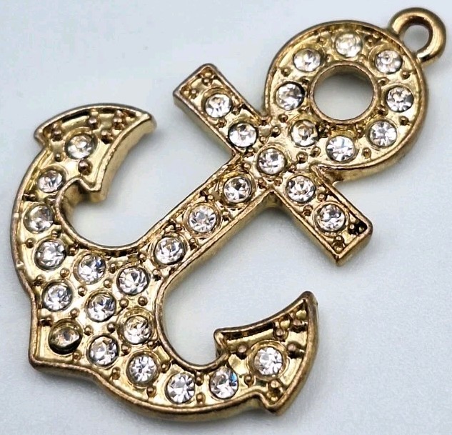 Nautical Anchor Pendant Charm Clear Pave Set Rhinestone CZ Crystal Goldtone 35MM