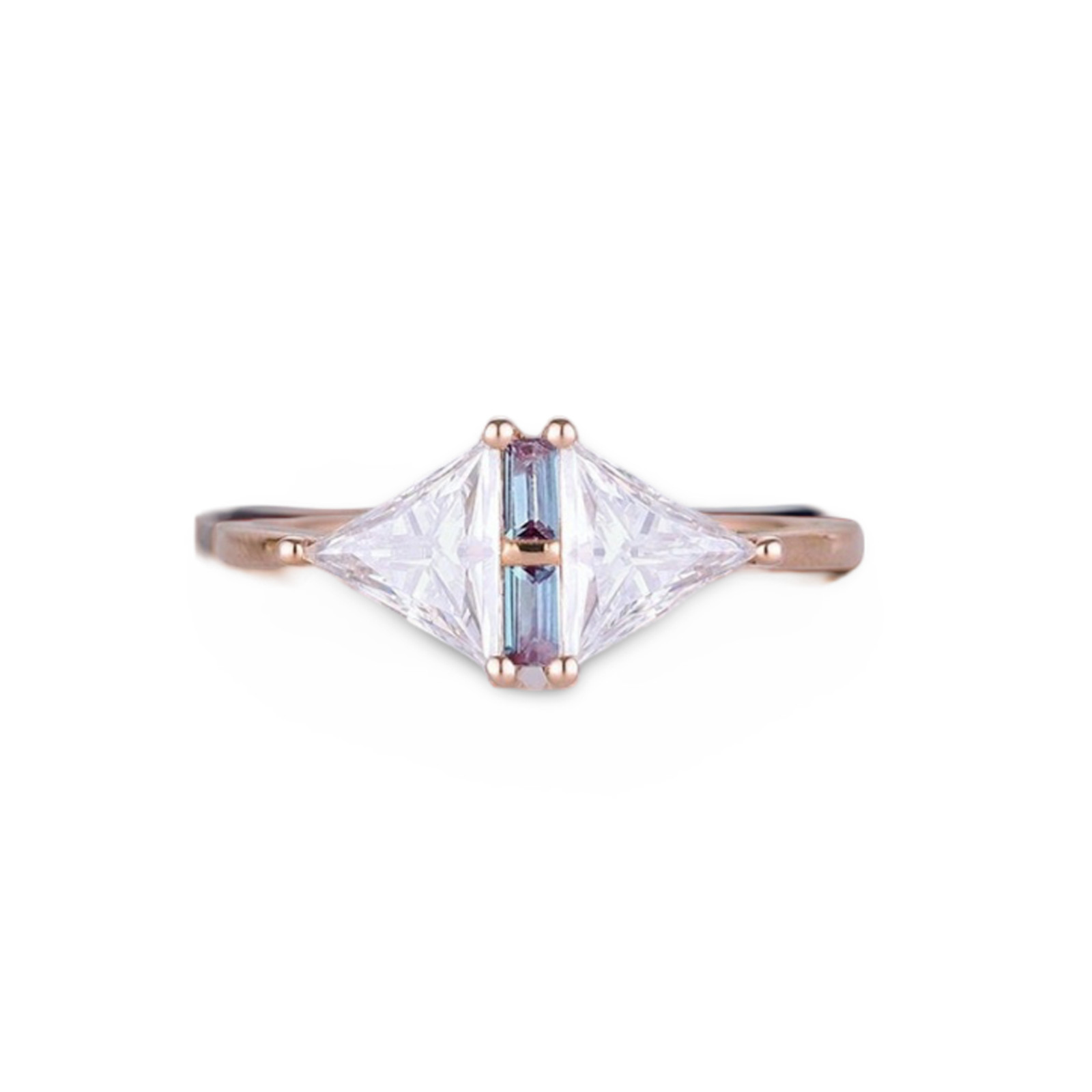 925 Sterling Silver Kite Cut Moissanite & Baguette Sapphire Handmade Ring