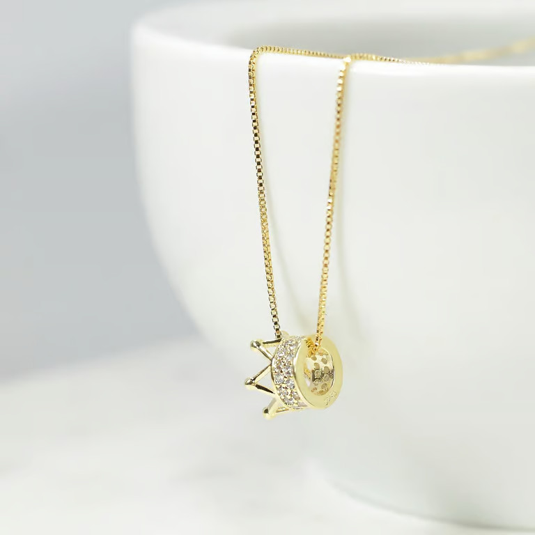 Petite Crown Pendant Necklace Rhinestones, Gold Plated Sterling Silver, 15–17 in