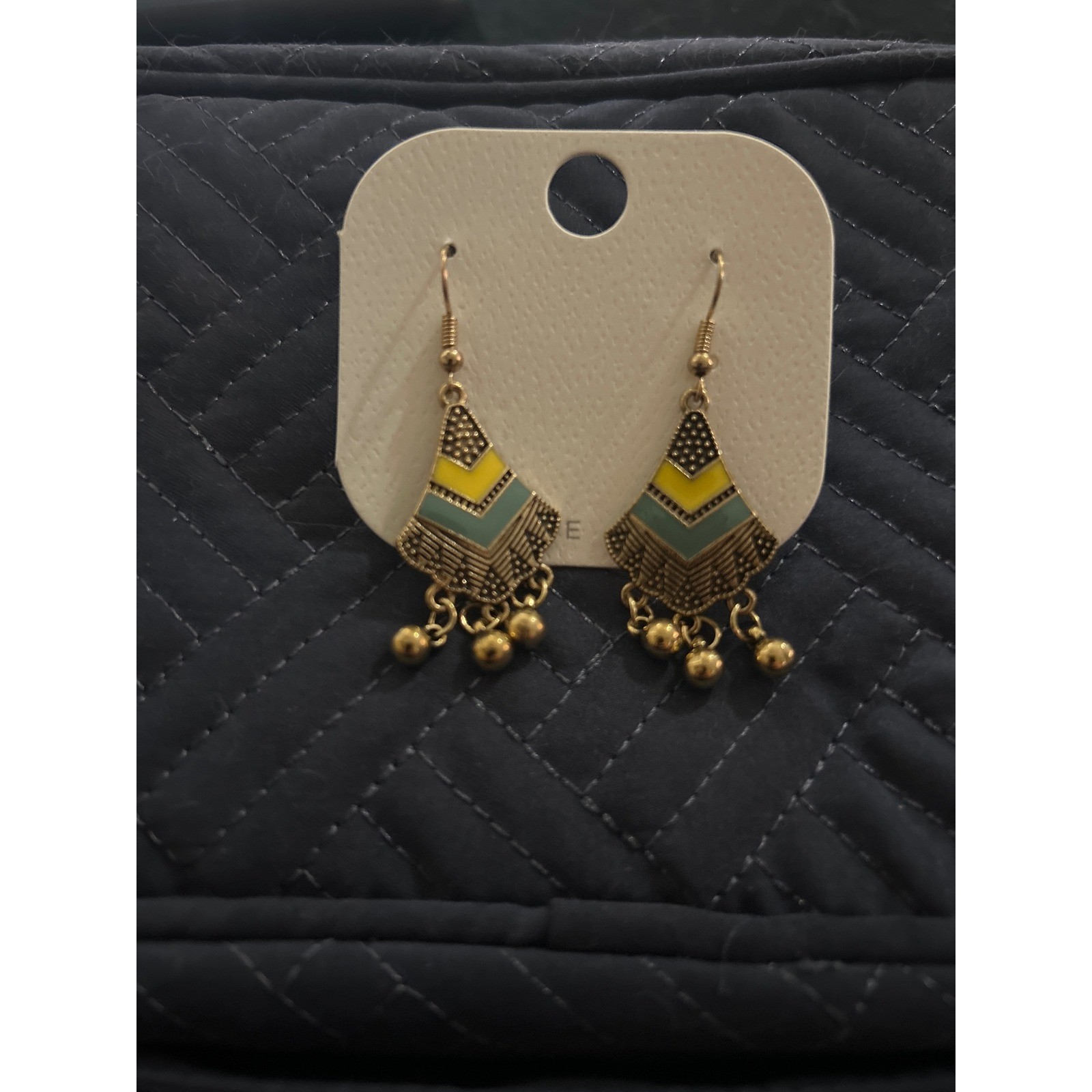 Boho Dangle Earrings Gold Tone Yellow Teal Diamond Geometric Drop