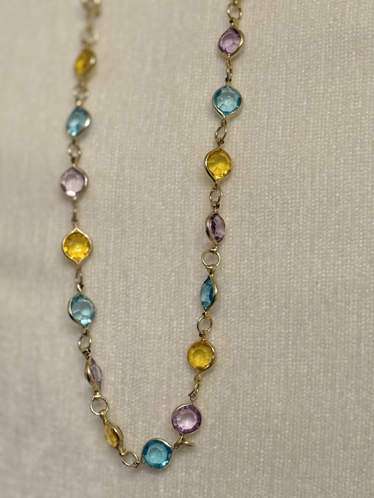 28″ Multi-Gemstone Station Necklace Gold Tone Bezel Set Blue Purple Yellow Boho