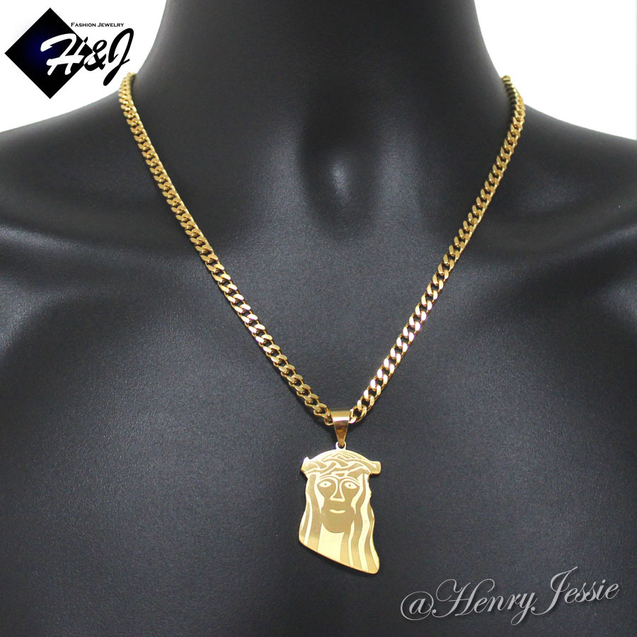 18″-36″Stainless Steel 5mm Gold Plated Cuban Curb Chain JESUS FACE Pendant*J47