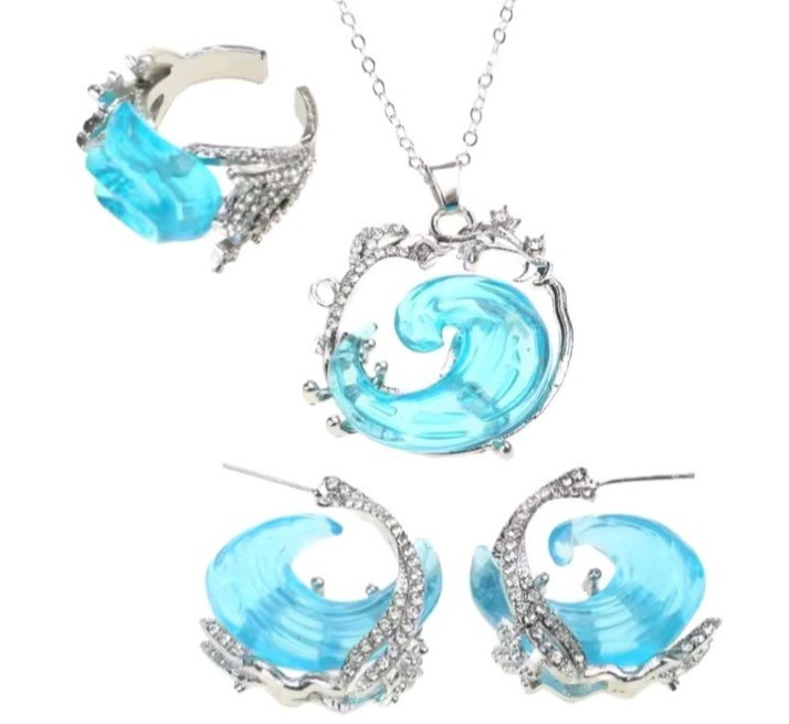 Luxury Blue Ocean Wave Crystal Flower Necklace Earring Hot Bridal Wedding set
