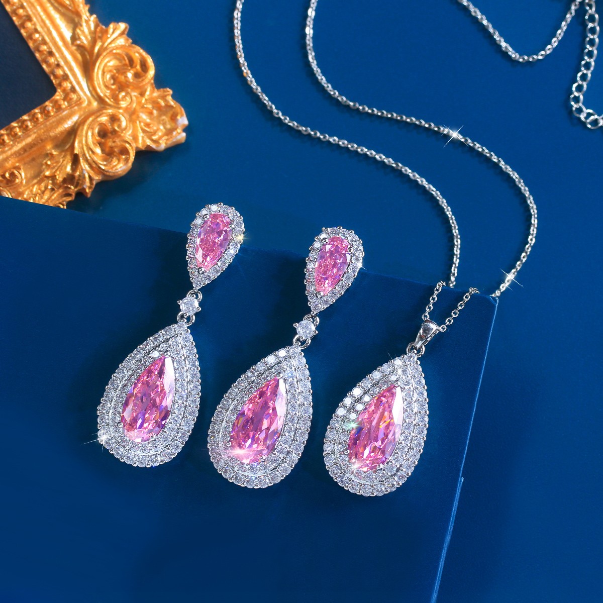 Silver Plated Long Teardrop Drop Earrings Necklace Women Zircon Jewelry Set Gift