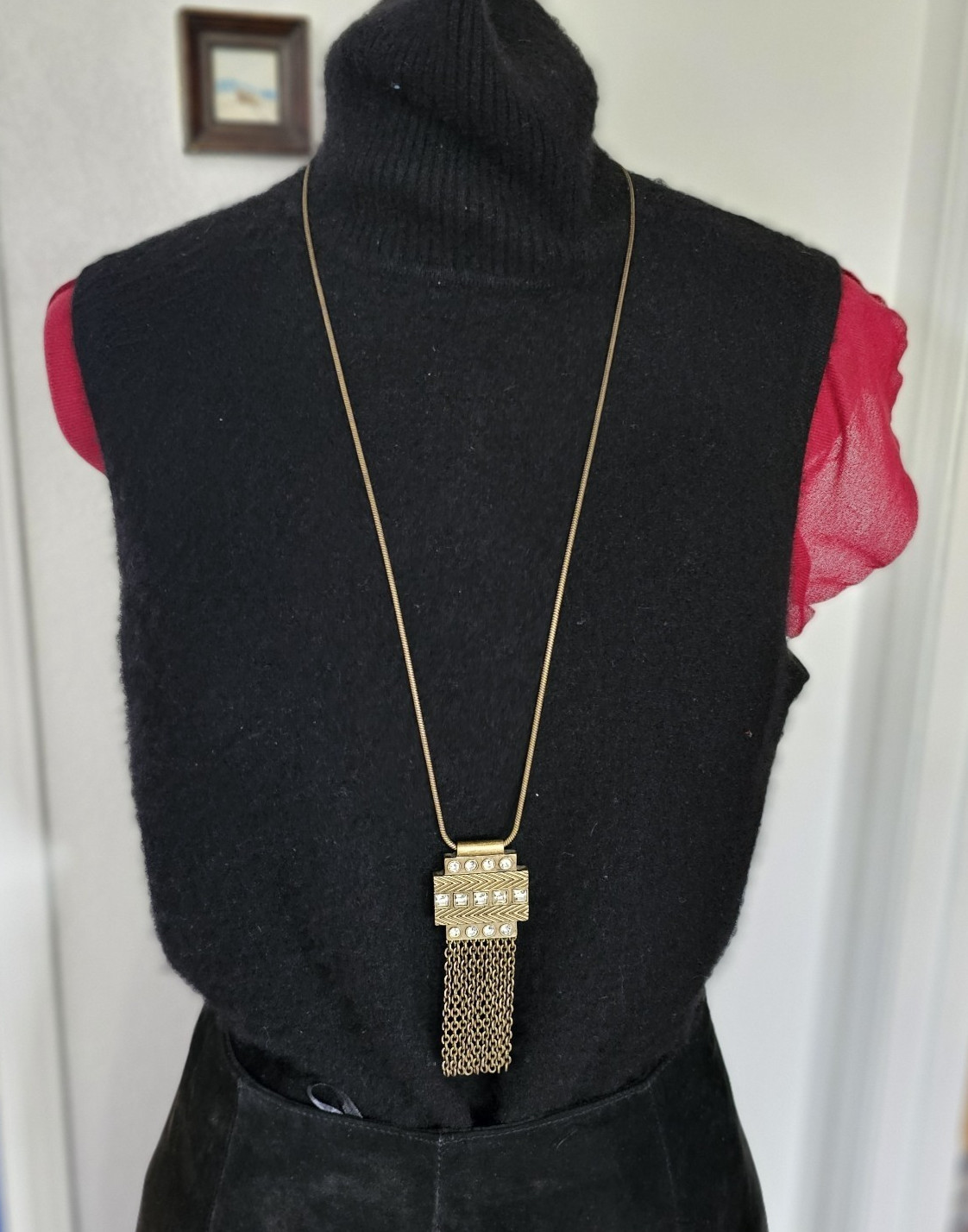 Lia Sophia Gold Tone Long Pendant Necklace Rhinestone Fringe Tassel 17″