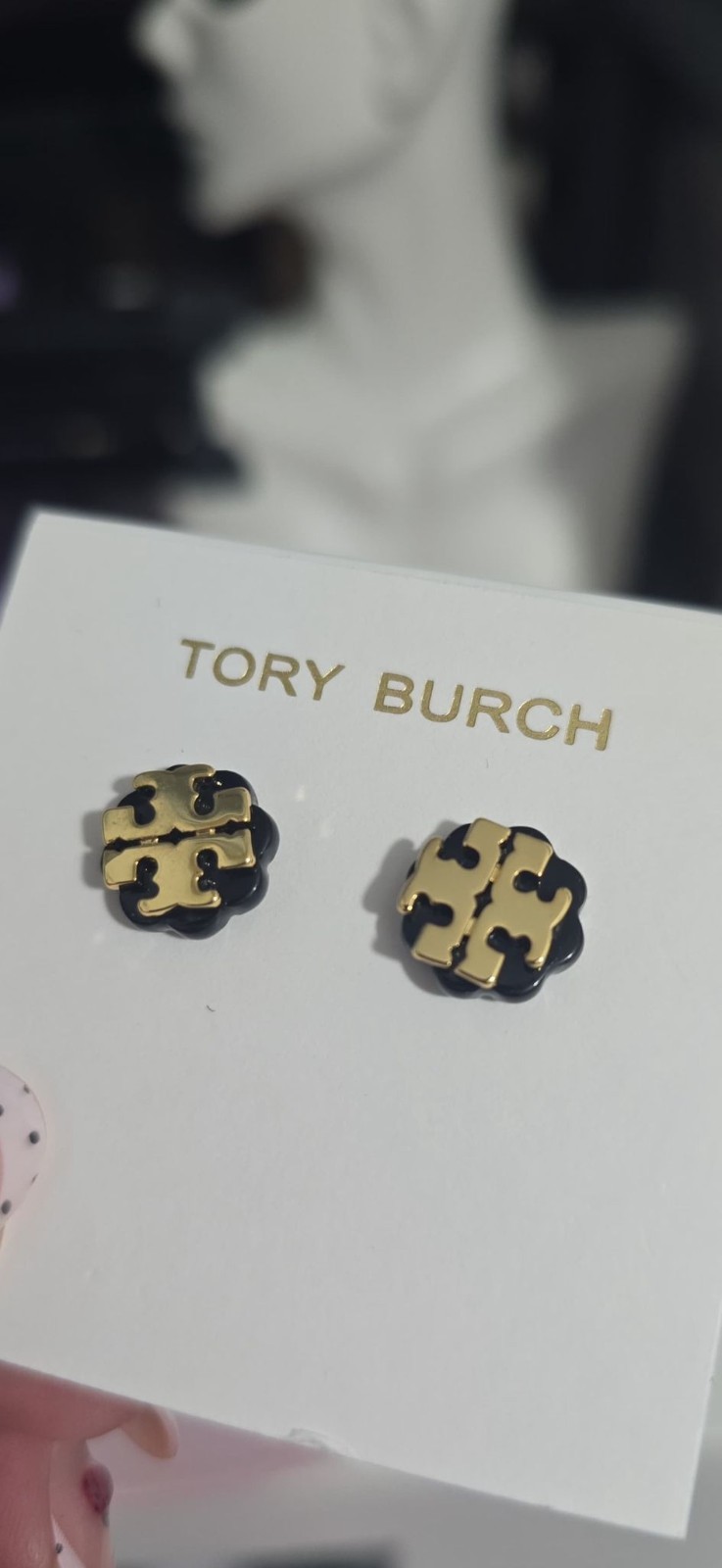 Tory Burch Logo Stud Earrings Round Black Enamel Gold Tone Butterfly Back