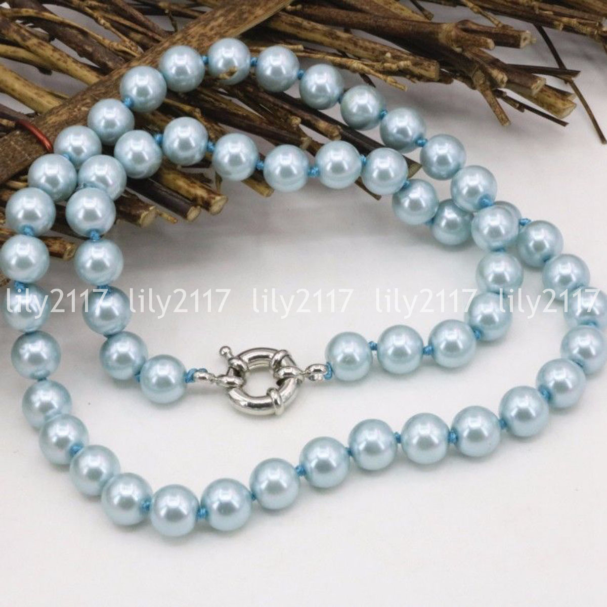Fashion 8/10mm Light blue Akoya Shell Pearl Round Necklaces 16/18/22/25/36/50″