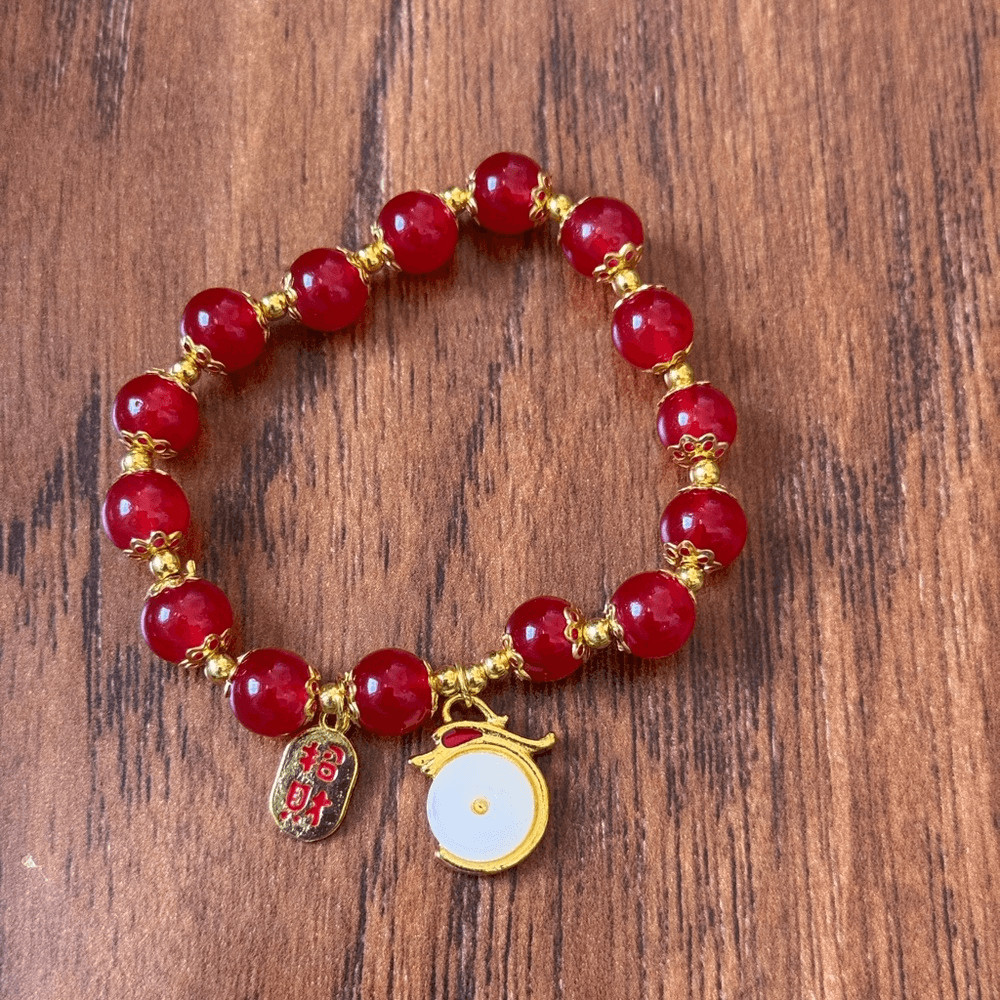 2024 Red & Gold Beaded Chinese New Year of Dragon Stretchy Charm Bracelet