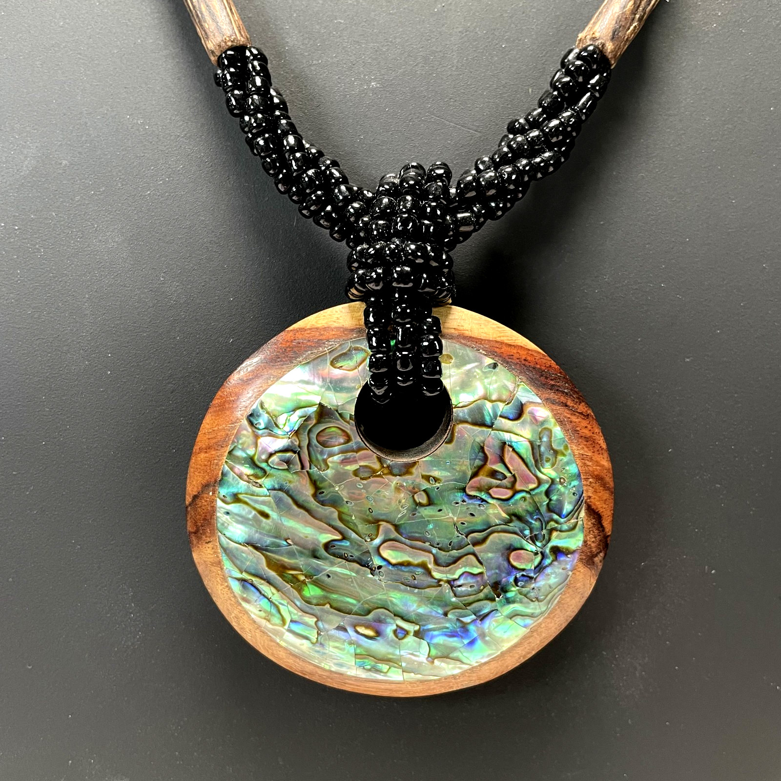 Artisan New Zealand Abalone Shell on Wood & Black Beaded Multi Strand Necklace