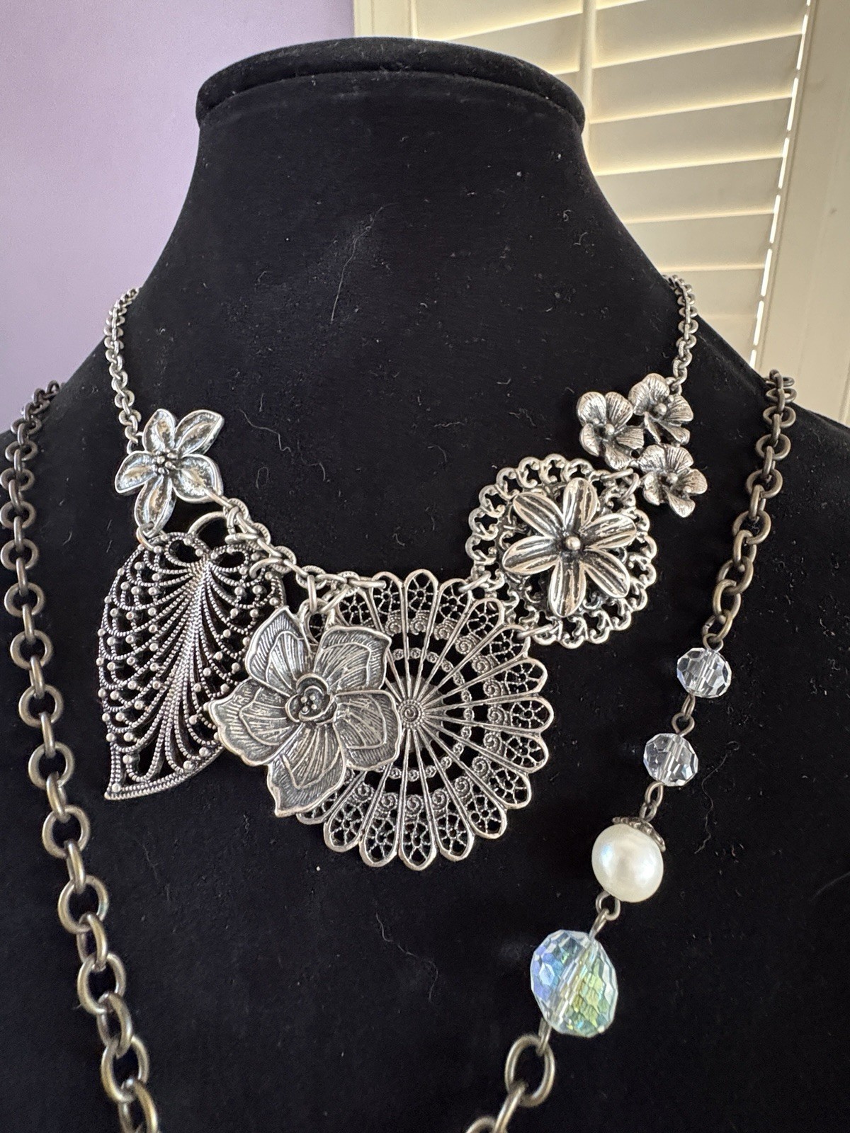 Plunder Statement Charm Necklace Key Locket Flower Faux Pearl + Floral Choker