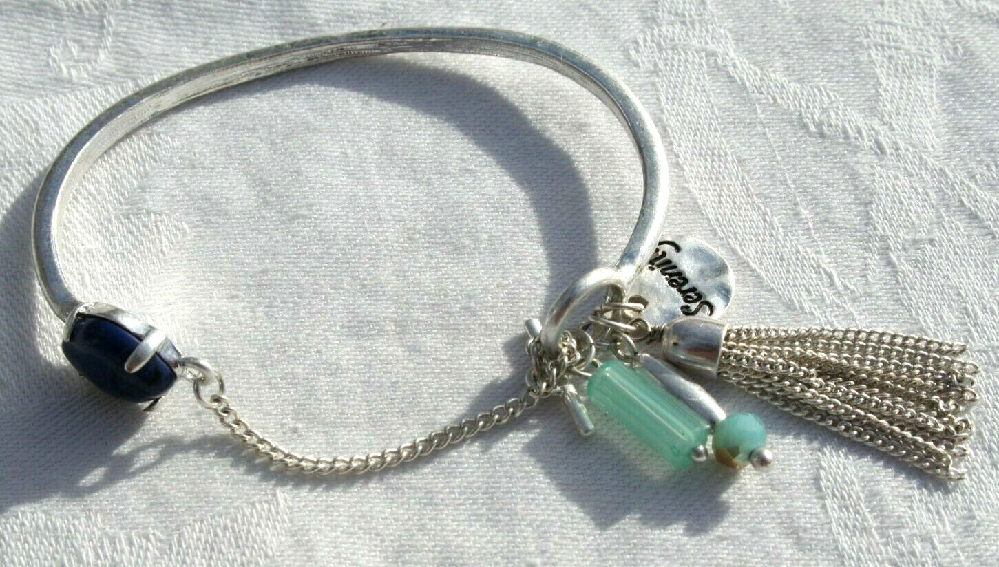 Charm Bracelet Black Cabachon Silver Tone Blue Crystal Dangle Toggle 7.5″