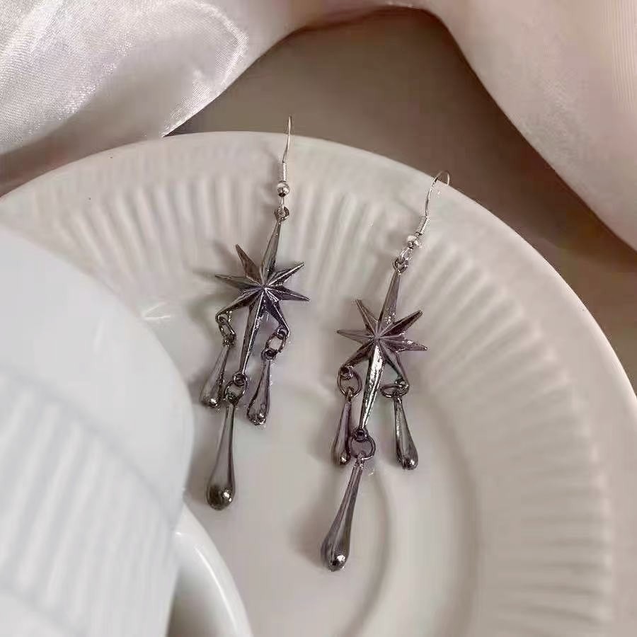 Gothic Gun Black North Star with Raindrop Hanging Fashion Alloy Dangle Earrings