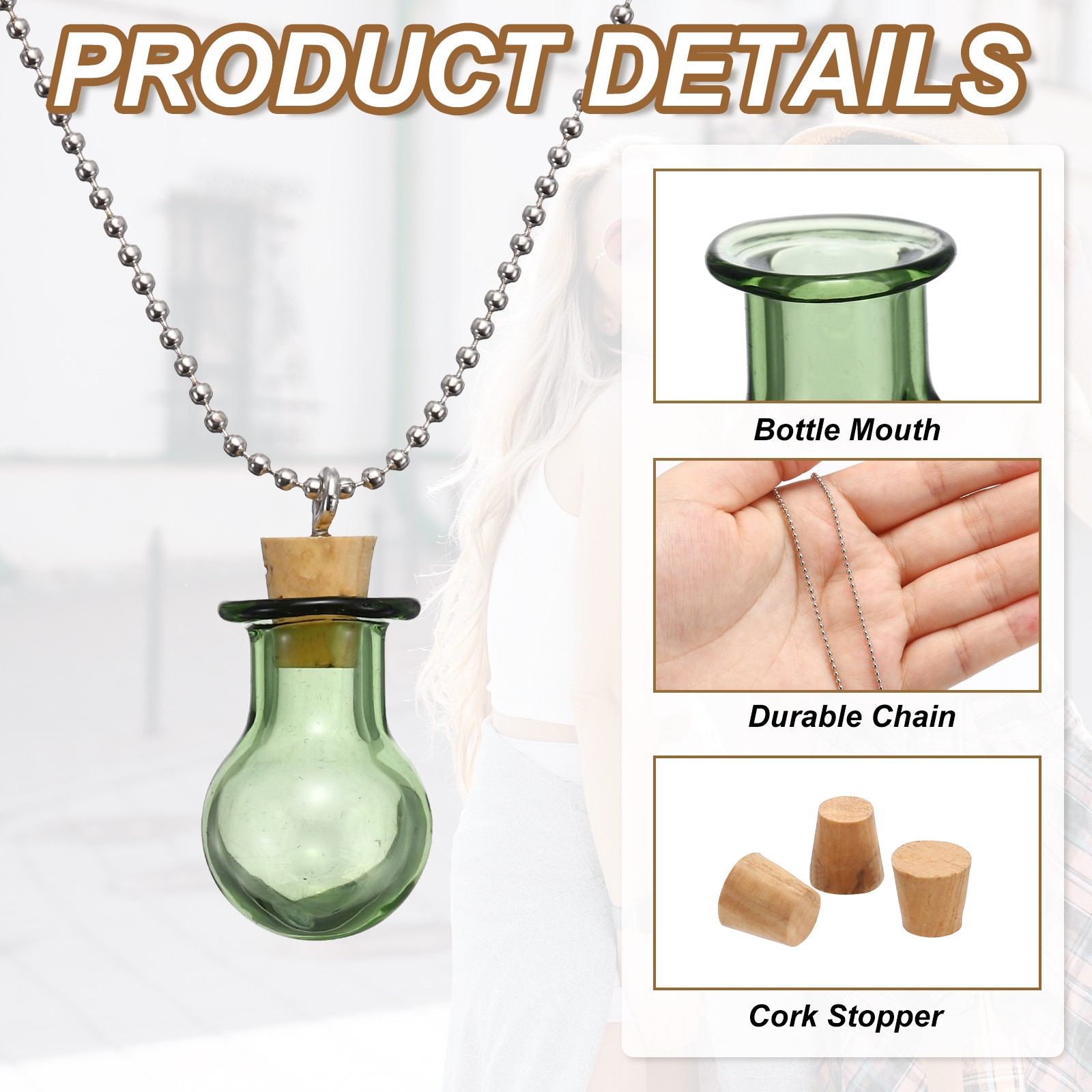 23mm Vial Necklace with Cork Stoppers Black Velvet Bag, Ball Shaped, Green