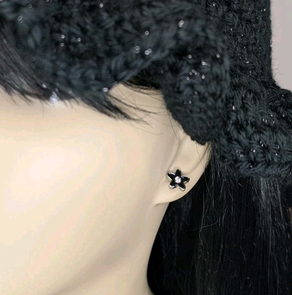 NEW Earrings Black Flower With Clear Rhinestone Sterling Silver Studs Earrings