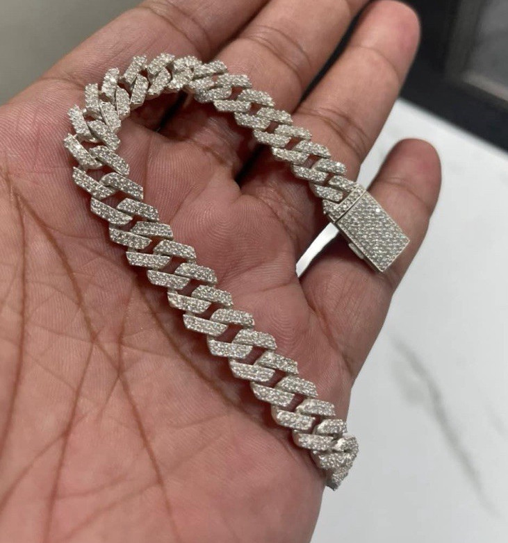 Silver Cuban Link Chain Necklace, diamond natural vvs, Clear Pavé Ice 18inch 9mm