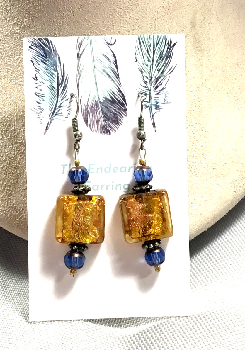 Fashion Earrings Art Glass Gold Foil Bead Artisan Silver Tone Blue Pierced Drop
