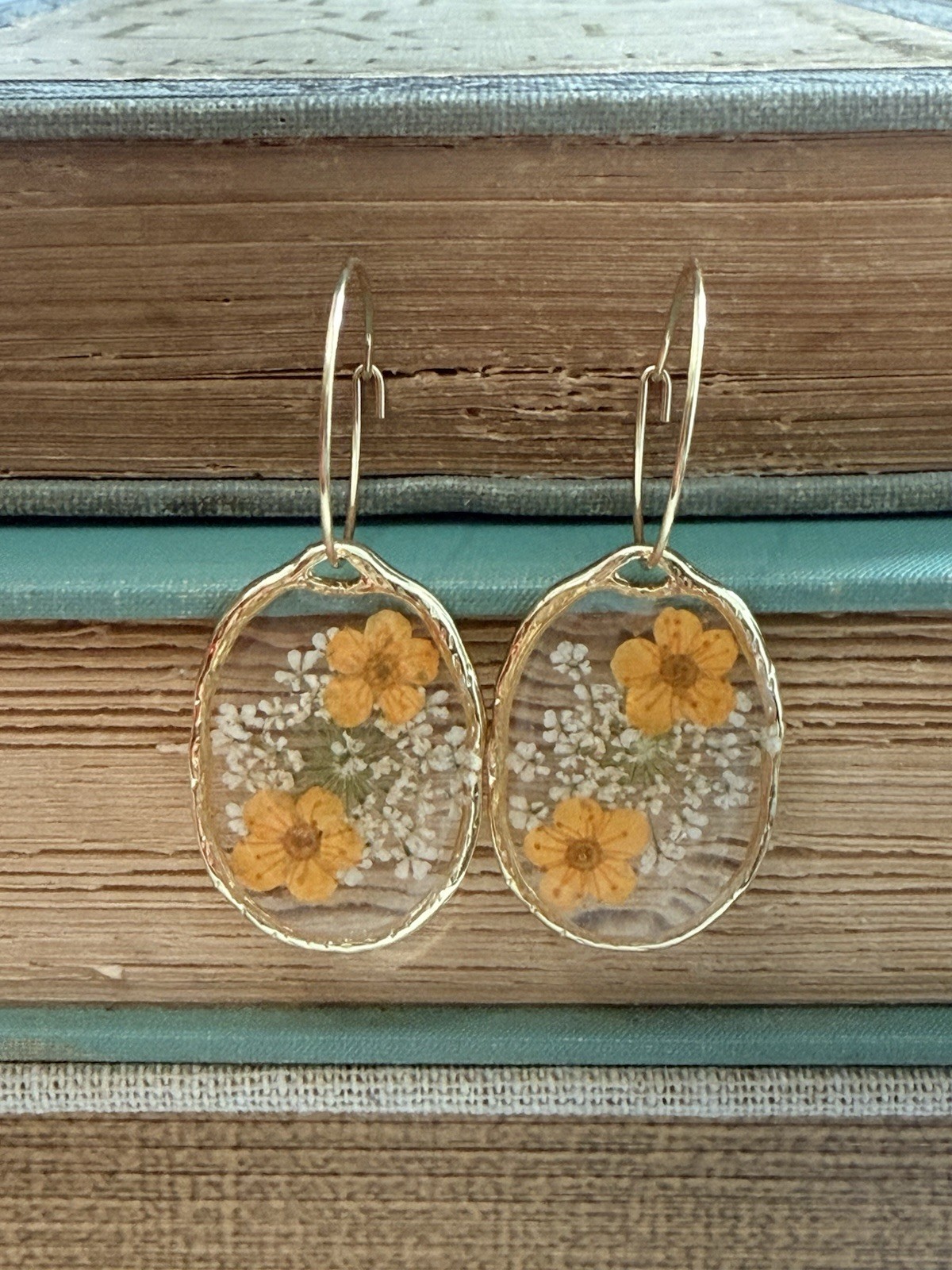 Orange Real Pressed Flower Hoop Earrings Gold 304 Stainless Steel Women’s New
