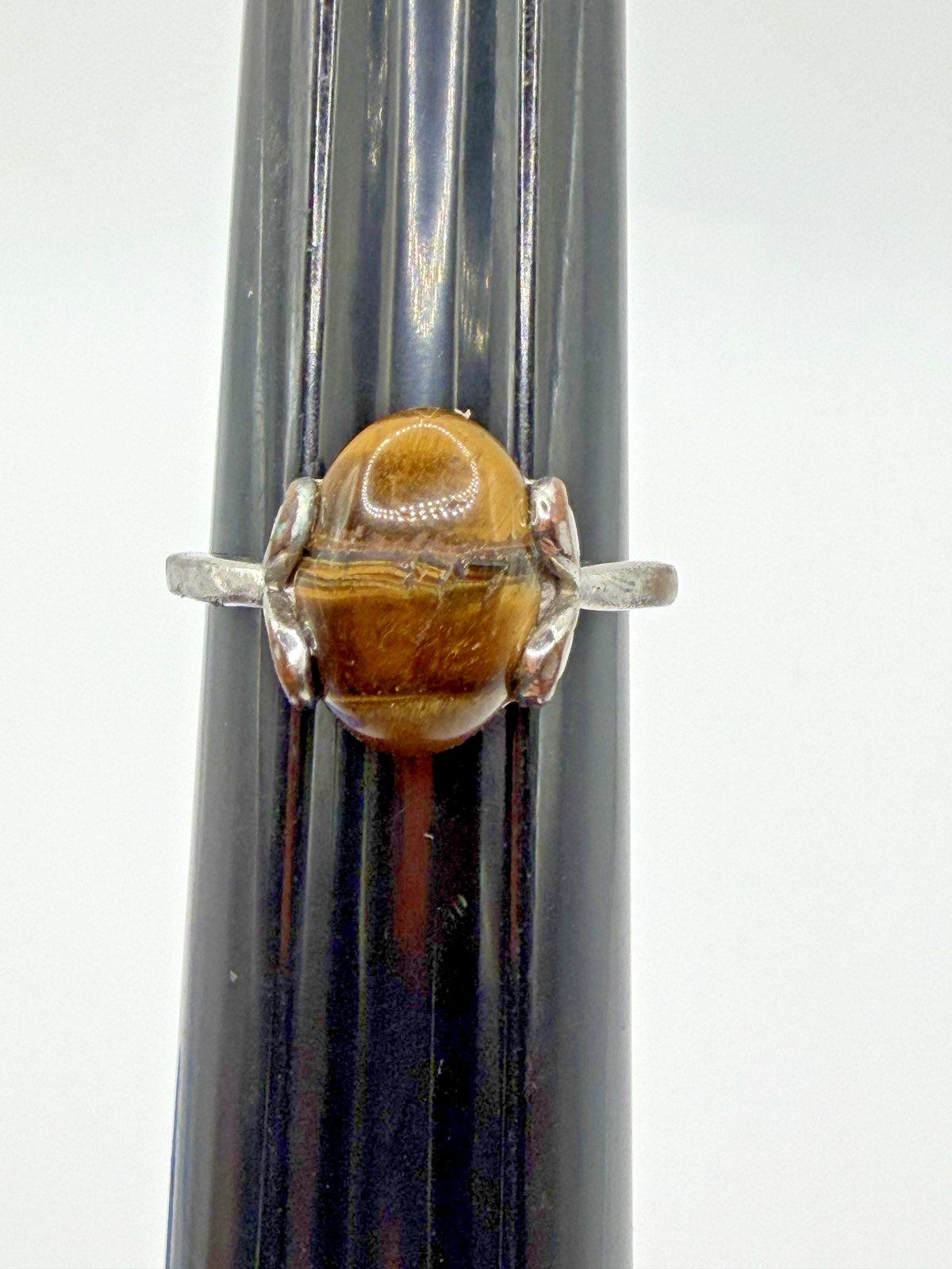 BROWN TIGERS EYE OVAL CABOCHON RING SIZE 10.5 SILVER TONE COCKTAIL STATEMENT