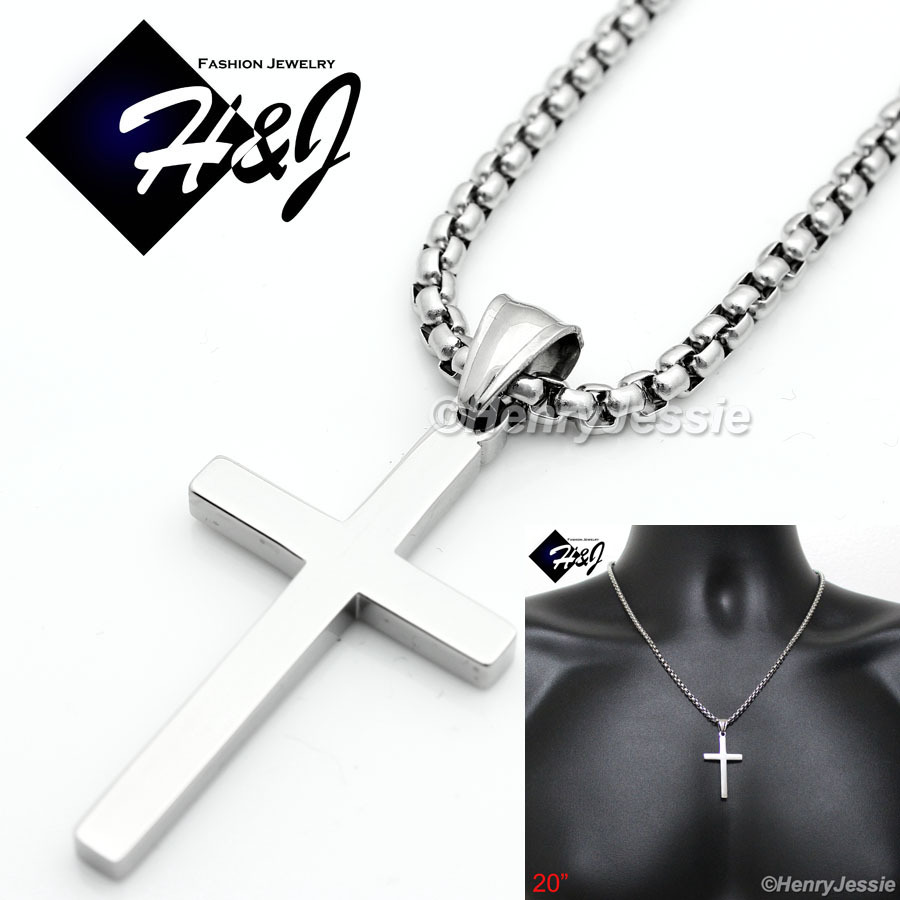 20″MEN Stainless Steel 2mm Silver Smooth Box Chain Necklace Cross Pendant*SP
