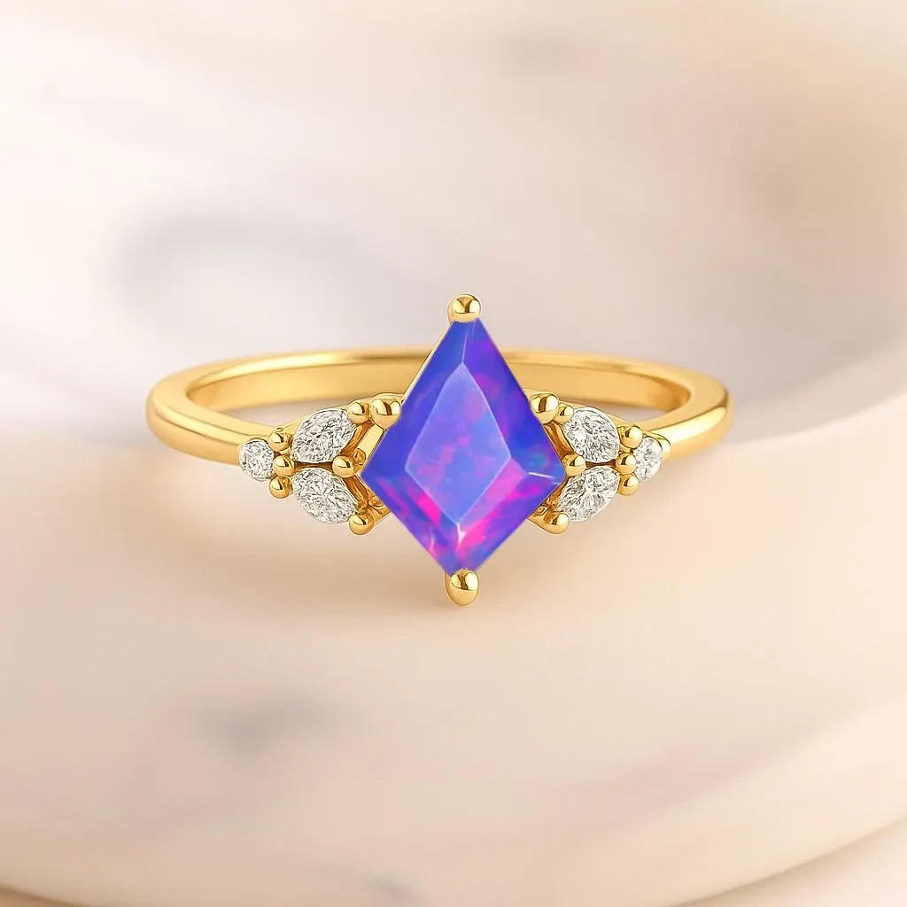 Lavender Fire Opal Kite Gemstone Statement Ring, Natural Fire Opal Gemstone Gold