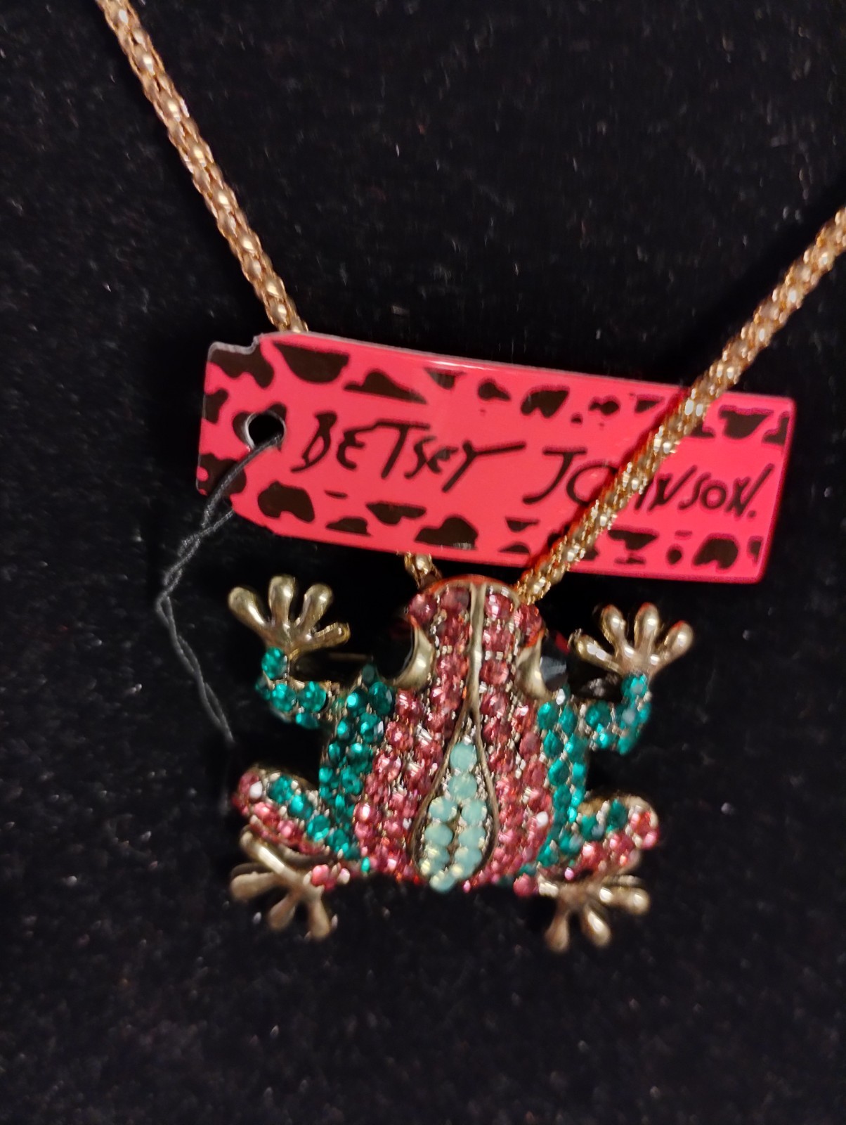 Betsey Johnson Green & Pink Rhinestone Frog Shaped Necklace Or Pin