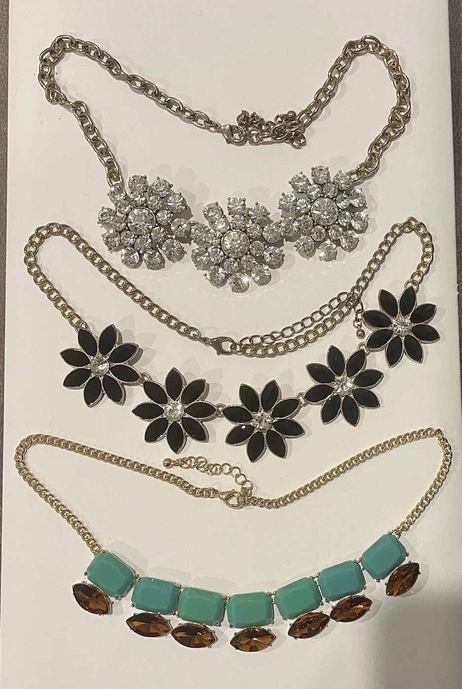 3 Bib Necklace Flower Rhinestone Enamel Black Green Statement Gold Tone 2010s