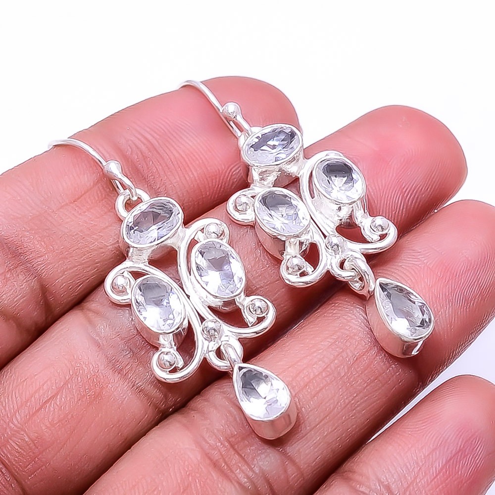 White Topaz Multi Collet 925 Sterling Silver Earring 1.95″ E80253387, Christmas